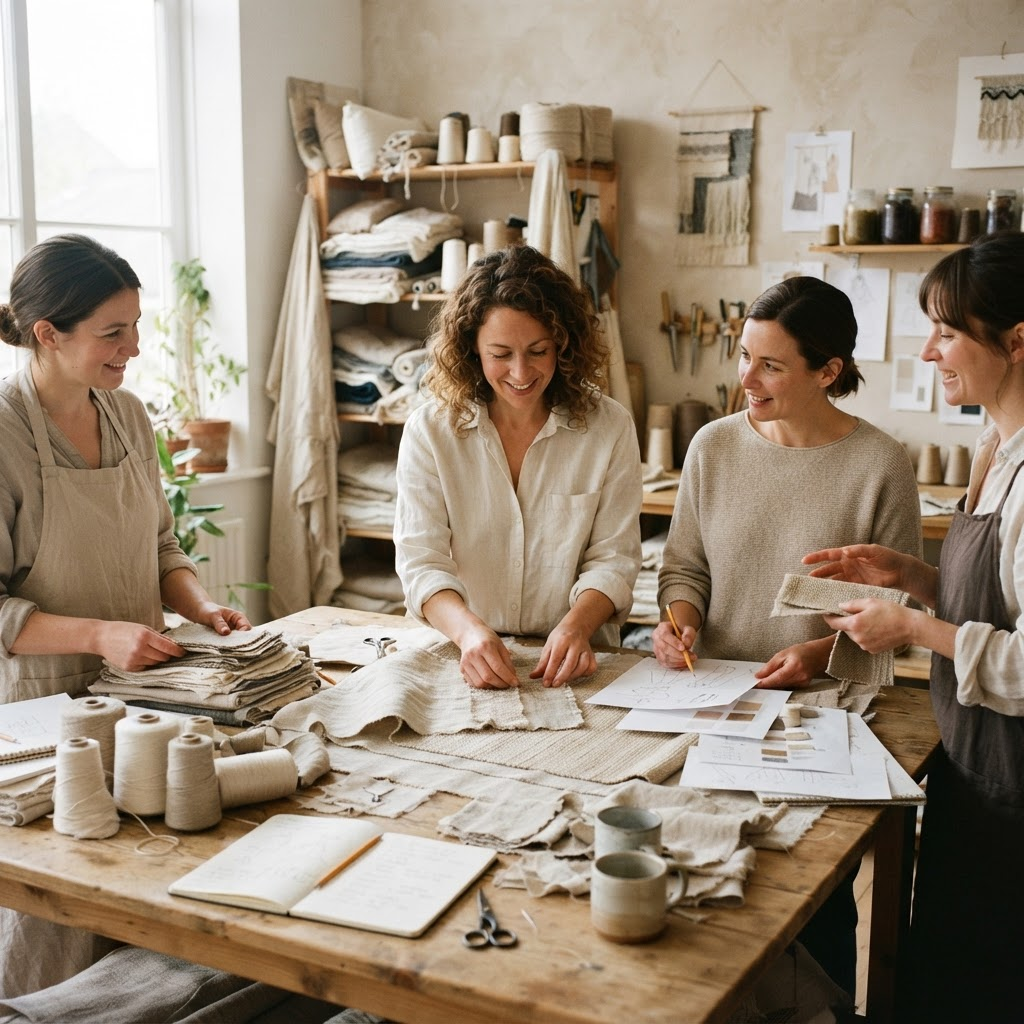 Taller de diseño textil con personas colaborando alrededor de una mesa