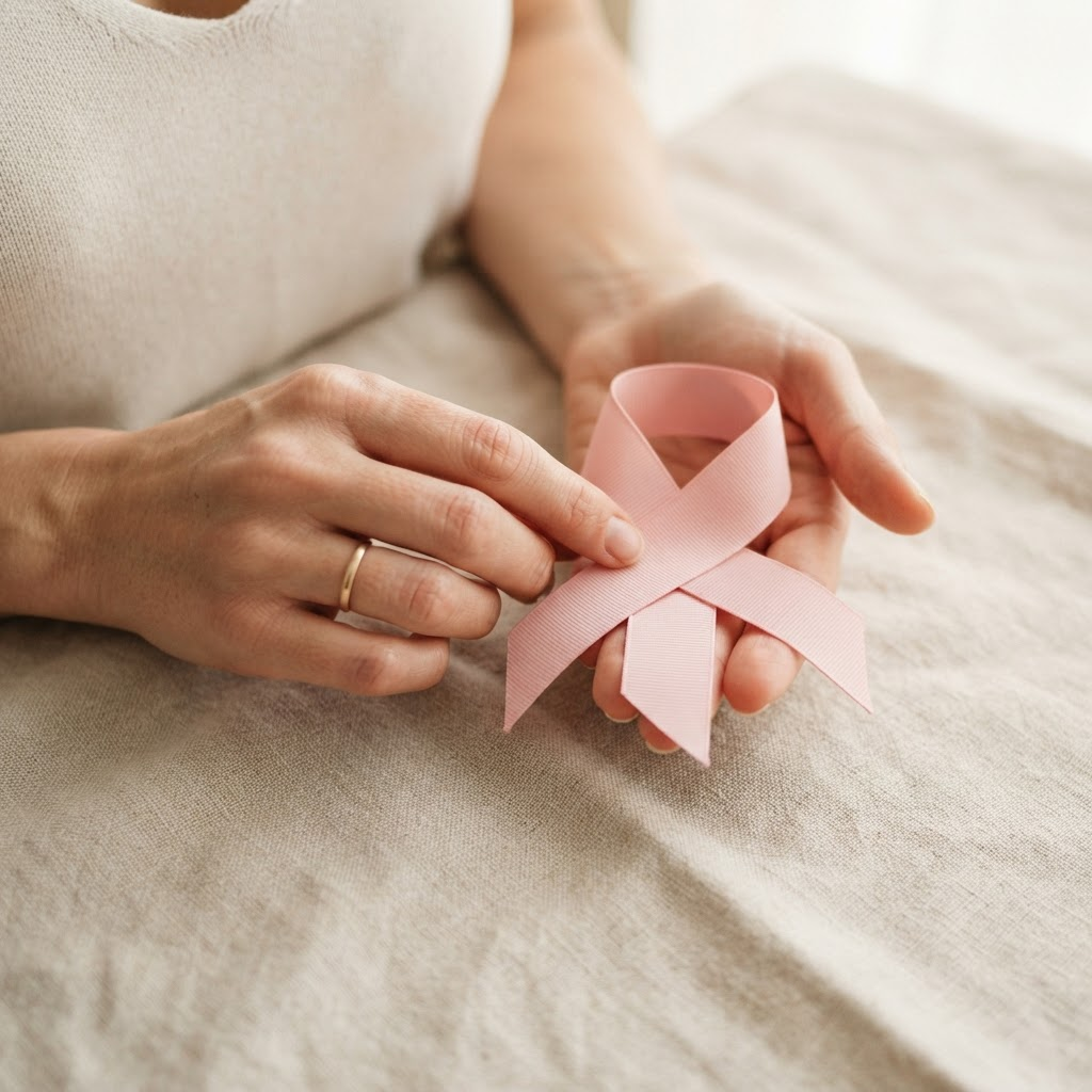 Manos sosteniendo un lazo rosa de prevención sobre lino neutro