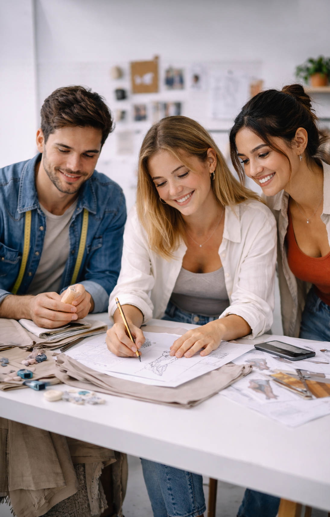 Diseñadores de moda bocetando y trabajando con telas en un taller