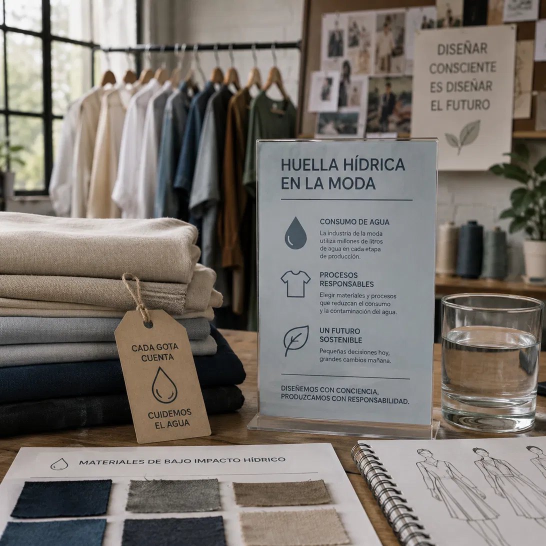 Estudio de moda sostenible con telas naturales, muestras y bocetos junto a un cartel sobre la huella hídrica
